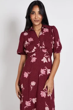 Robe Midi Petite à Motifs Floraux Berry avec Col, Détails Boutonnés et Manches Bouffantes