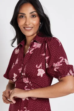 Robe Midi Petite à Motifs Floraux Berry avec Col, Détails Boutonnés et Manches Bouffantes