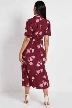 Robe Midi Petite à Motifs Floraux Berry avec Col, Détails Boutonnés et Manches Bouffantes