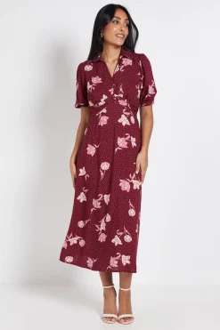 Robe Midi Petite à Motifs Floraux Berry avec Col, Détails Boutonnés et Manches Bouffantes
