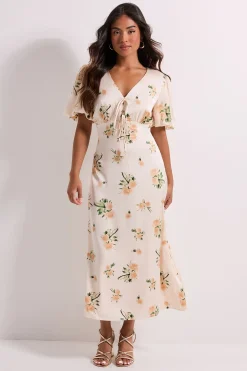 Robe Midi Petite à Motifs Floraux avec Nœud Devant et Manches Bouffantes Boutonnée