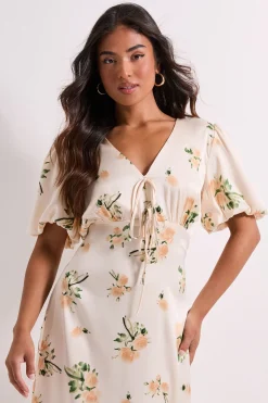 Robe Midi Petite à Motifs Floraux avec Nœud Devant et Manches Bouffantes Boutonnée