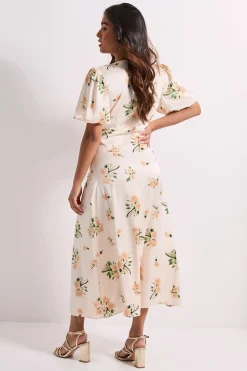 Robe Midi Petite à Motifs Floraux avec Nœud Devant et Manches Bouffantes Boutonnée