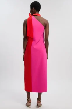 Robe Midi Petite à Nœud et Blocs de Couleurs Coupe Ajustée Souple