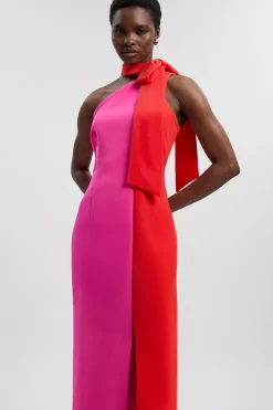 Robe Midi Petite à Nœud et Blocs de Couleurs Coupe Ajustée Souple