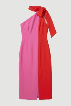 Robe Midi Petite à Nœud et Blocs de Couleurs Coupe Ajustée Souple