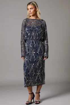 Robe Midi Petite à Ornements Brodés Main avec Dos en V