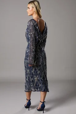 Robe Midi Petite à Ornements Brodés Main avec Dos en V