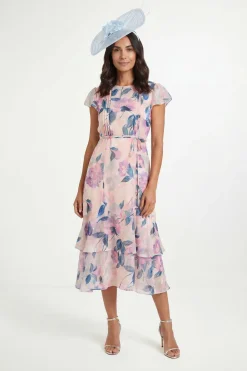 Robe Midi Petite À Plis Nervurés Et Imprimé Floral Dévoré