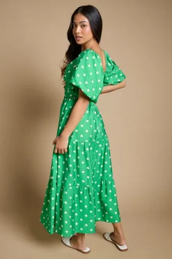 Robe Midi Petite À Pois Avec Détail Torsadé Devant Et Manches Bouffantes