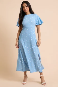 Robe Midi Petite À Pois Bleus Avec Manches Papillon