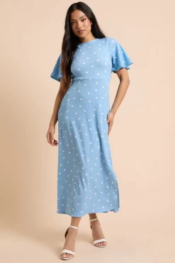 Robe Midi Petite À Pois Bleus Avec Manches Papillon