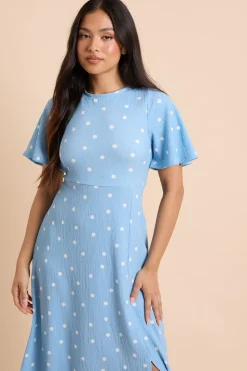 Robe Midi Petite À Pois Bleus Avec Manches Papillon