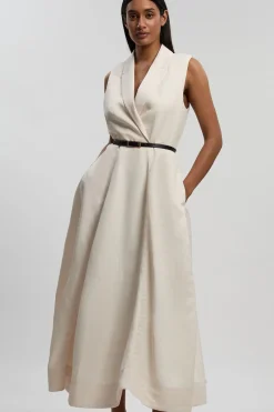 KarenMillen Robe Midi Petite Premium À Jupe Ample Ceinturée En Viscose Lin Avec Col Tailleur<Femme Robes|Robes Mi-Longues