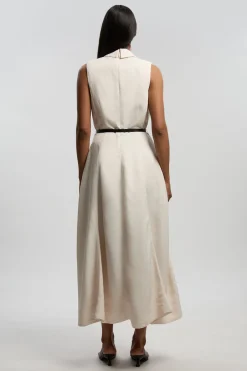 KarenMillen Robe Midi Petite Premium À Jupe Ample Ceinturée En Viscose Lin Avec Col Tailleur<Femme Robes|Robes Mi-Longues