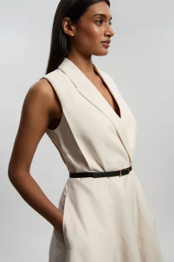 KarenMillen Robe Midi Petite Premium À Jupe Ample Ceinturée En Viscose Lin Avec Col Tailleur<Femme Robes|Robes Mi-Longues