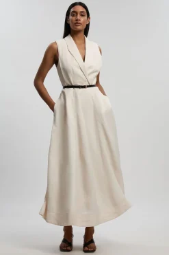 KarenMillen Robe Midi Petite Premium À Jupe Ample Ceinturée En Viscose Lin Avec Col Tailleur<Femme Robes|Robes Mi-Longues