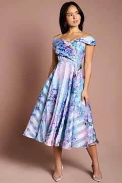 Robe Midi Petite à Rayures en Organza avec Haut Plissé