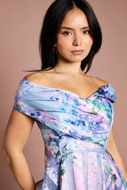 Robe Midi Petite à Rayures en Organza avec Haut Plissé