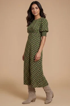 Robe Midi Petite Rose À Pois Avec Poignets Froncés