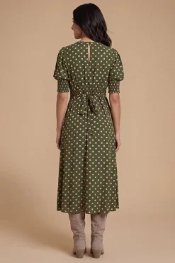 Robe Midi Petite Rose À Pois Avec Poignets Froncés