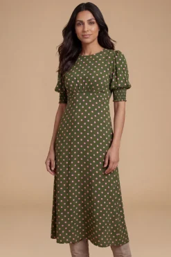 Robe Midi Petite Rose À Pois Avec Poignets Froncés