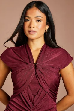 Robe Midi Petite Taille À Manches Courtes Drapées