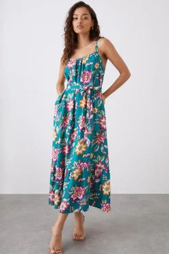 Dorothy Perkins Robe Midi Petite Verte à Fleurs Étagée avec Poches<Femme Robes Mi-Longues|Robes