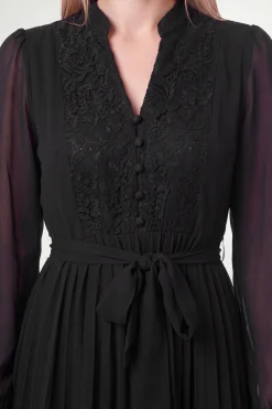 Robe Midi À Plis Nervurés Et Empiècement En Dentelle Petite