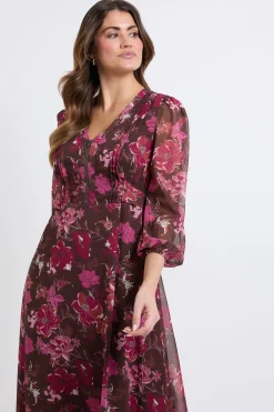 Wallis Robe Midi À Plis Nervurés Et Fermeture Éclair À Motif Floral<Femme Looks Chocolat|Robes Mi-Longues