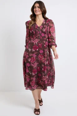 Wallis Robe Midi À Plis Nervurés Et Fermeture Éclair À Motif Floral<Femme Looks Chocolat|Robes Mi-Longues