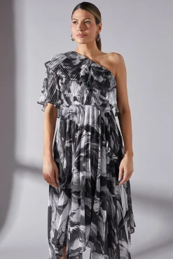 ROBE MIDI PLISSÉE ASYMÉTRIQUE IMPRIMÉE