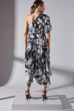ROBE MIDI PLISSÉE ASYMÉTRIQUE IMPRIMÉE