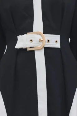 Robe Midi Plissée à Ceinture en Crêpe Tailleur avec Blocs de Couleur