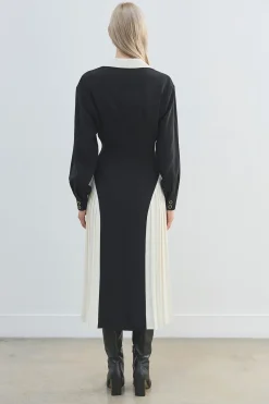 Robe Midi Plissée à Ceinture en Crêpe Tailleur avec Blocs de Couleur