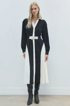 Robe Midi Plissée à Ceinture en Crêpe Tailleur avec Blocs de Couleur