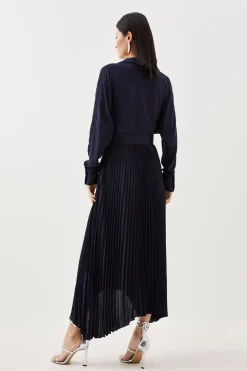Robe Midi Plissée Ceinturée En Mélange Jersey Et Georgette Petite