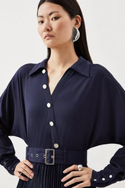 Robe midi plissée à ceinture en mélange de jersey et georgette
