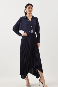 Robe midi plissée à ceinture en mélange de jersey et georgette