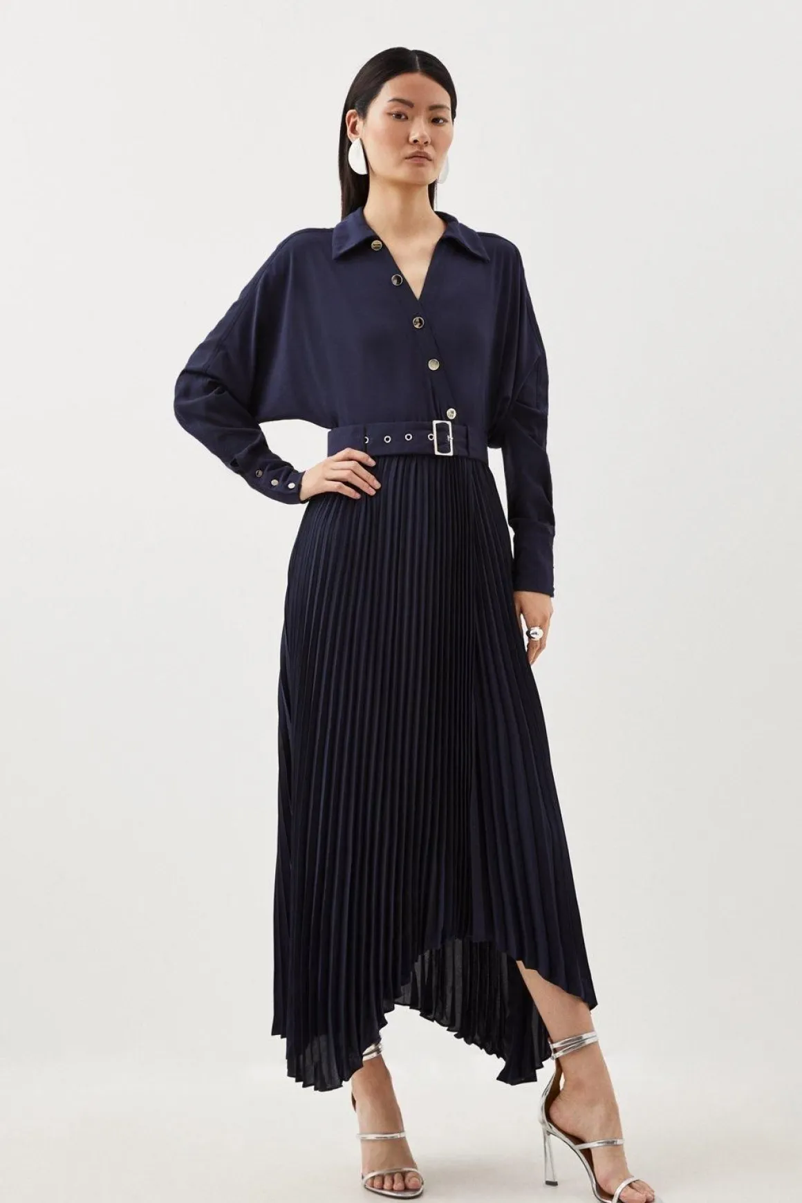 Robe midi plissée à ceinture en mélange de jersey et georgette