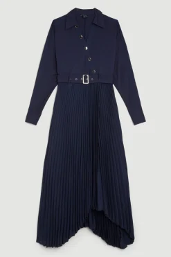 Robe midi plissée à ceinture en mélange de jersey et georgette