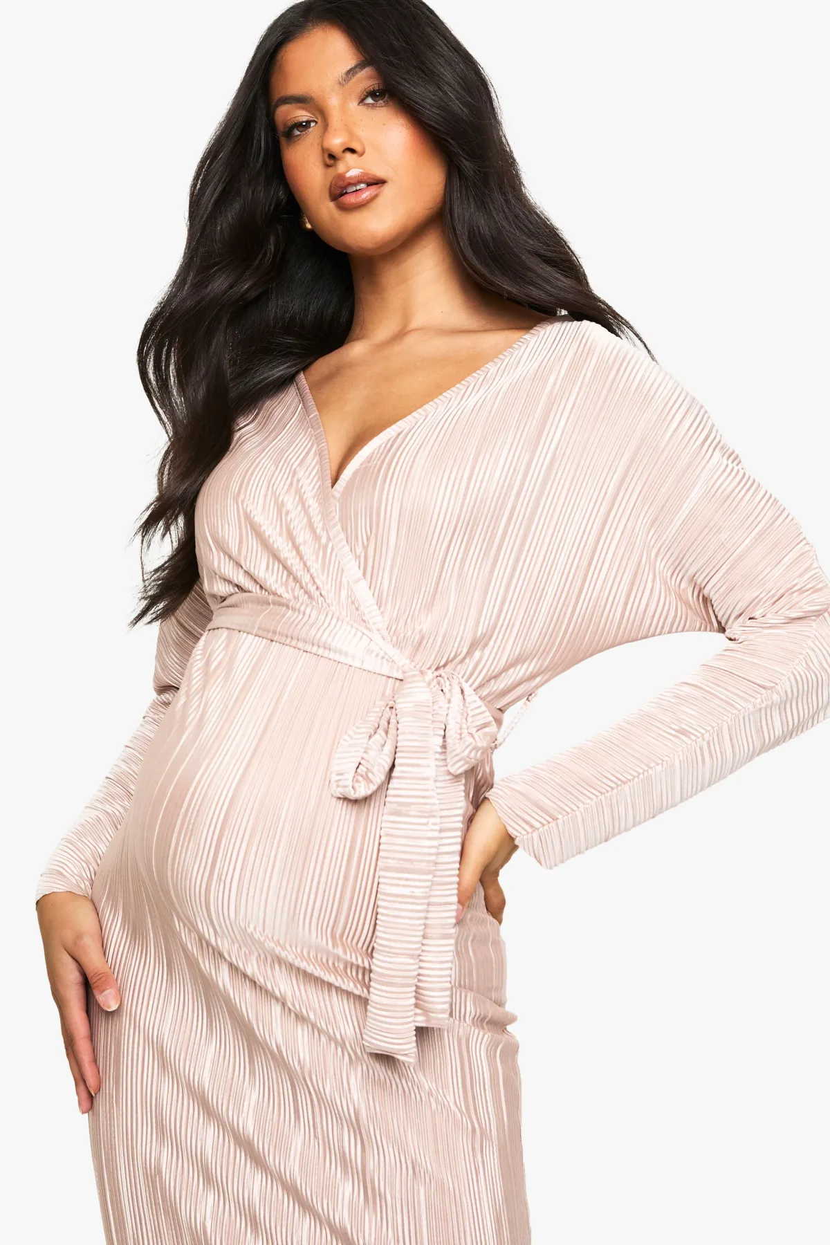 boohoo Robe Midi Plissée à Ceinture pour Maternité<Femme Robes Mi-Longues|Robes À Manches Longues
