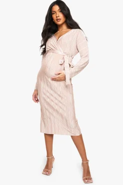 boohoo Robe Midi Plissée à Ceinture pour Maternité<Femme Robes Mi-Longues|Robes À Manches Longues
