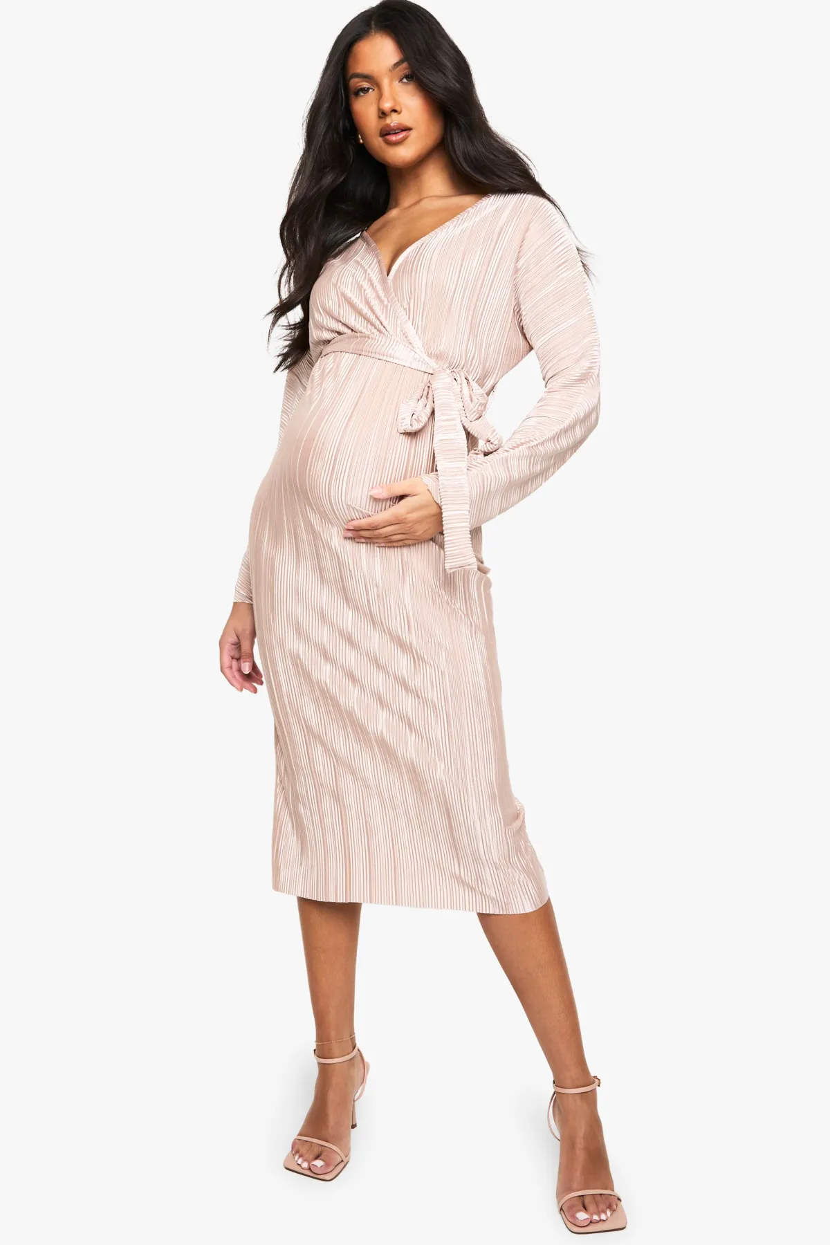 boohoo Robe Midi Plissée à Ceinture pour Maternité<Femme Robes Mi-Longues|Robes À Manches Longues