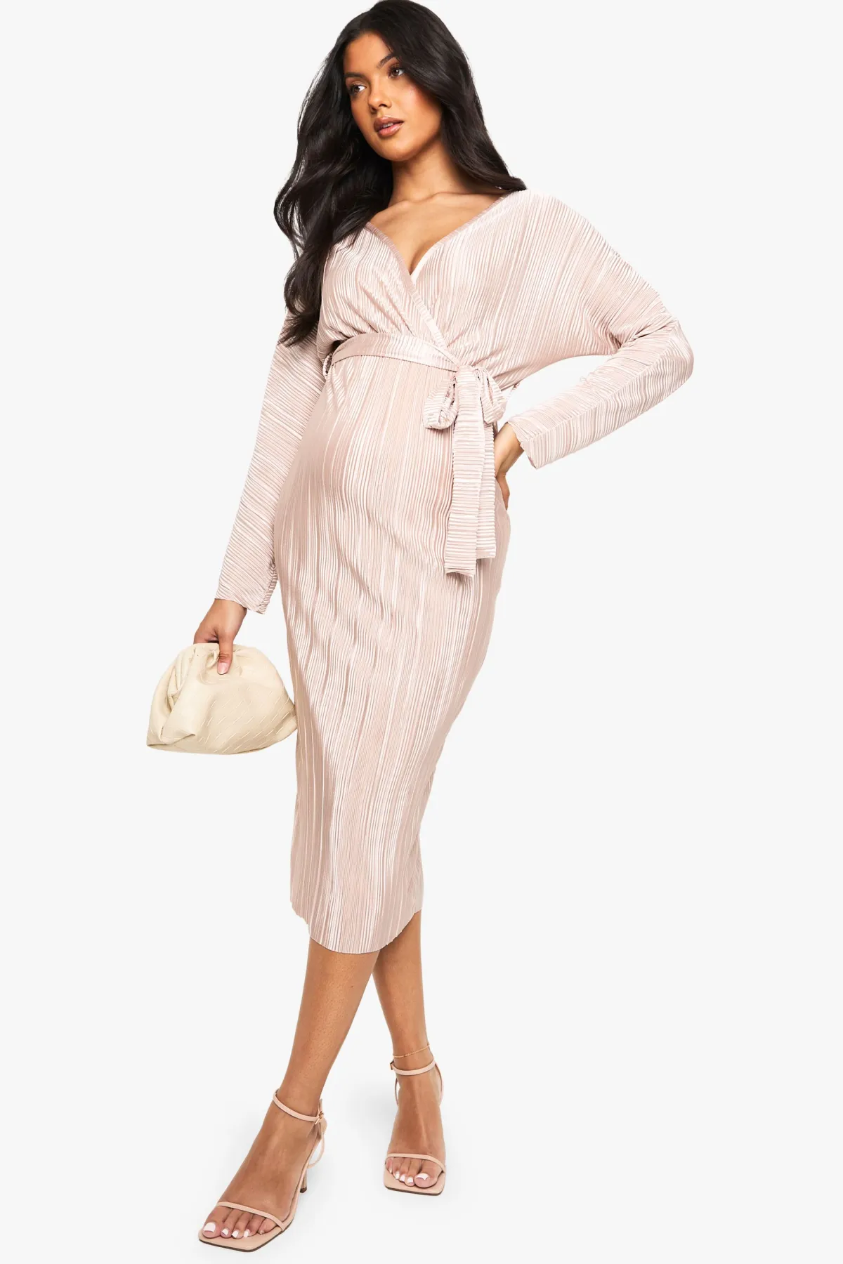 boohoo Robe Midi Plissée à Ceinture pour Maternité<Femme Robes Mi-Longues|Robes À Manches Longues