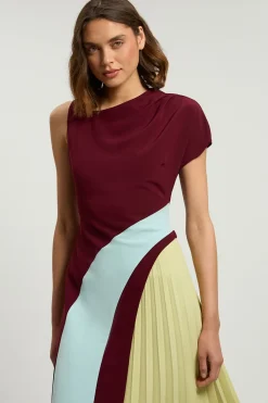 KarenMillen Robe Midi Plissée À Col Montant Et Blocs De Couleur En Tissu Souple Ajusté<Femme Tailleurs|Robes Mi-Longues