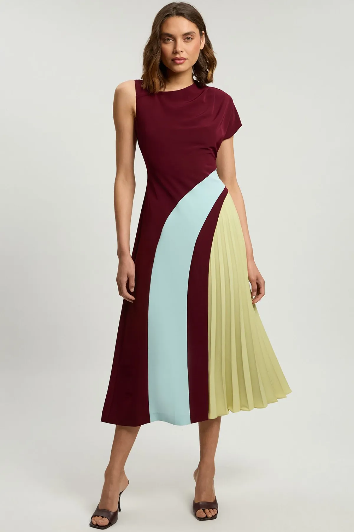 KarenMillen Robe Midi Plissée À Col Montant Et Blocs De Couleur En Tissu Souple Ajusté<Femme Tailleurs|Robes Mi-Longues