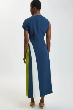 Robe Midi Plissée À Col Montant Et Blocs De Couleur Ajustée Douce Petite