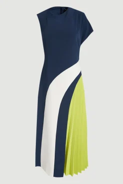 Robe Midi Plissée À Col Montant Et Blocs De Couleur Ajustée Douce Petite