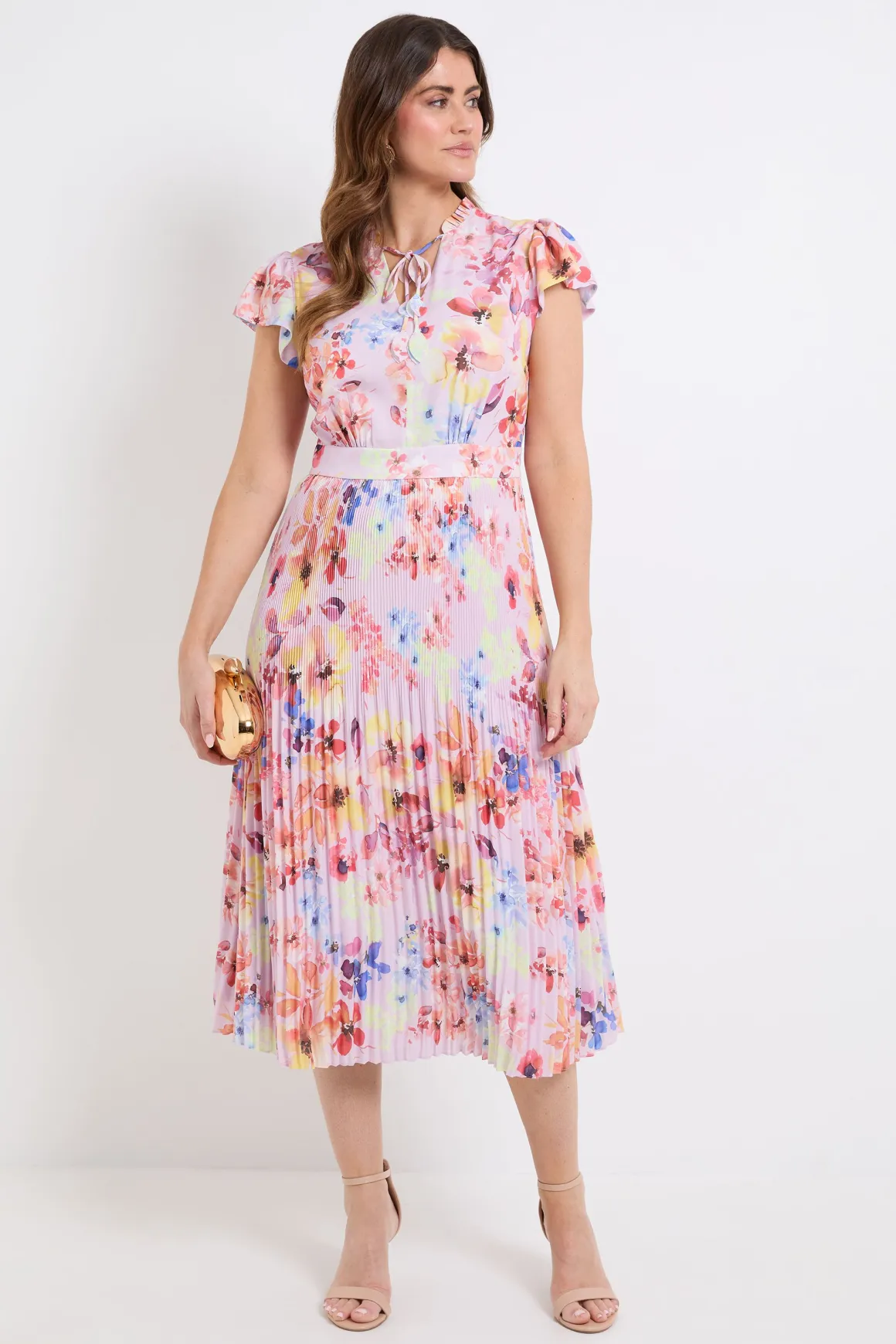 Robe Midi Plissée À Col À Volants